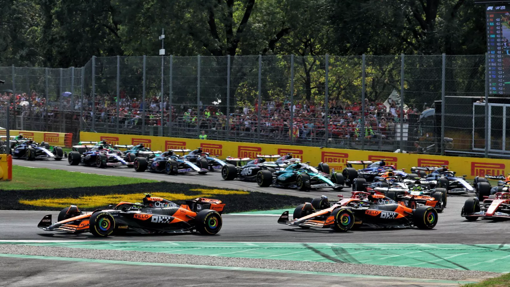 Two orange McLarens leading a race ahead of a train of cars going into the opening chicane at Monza