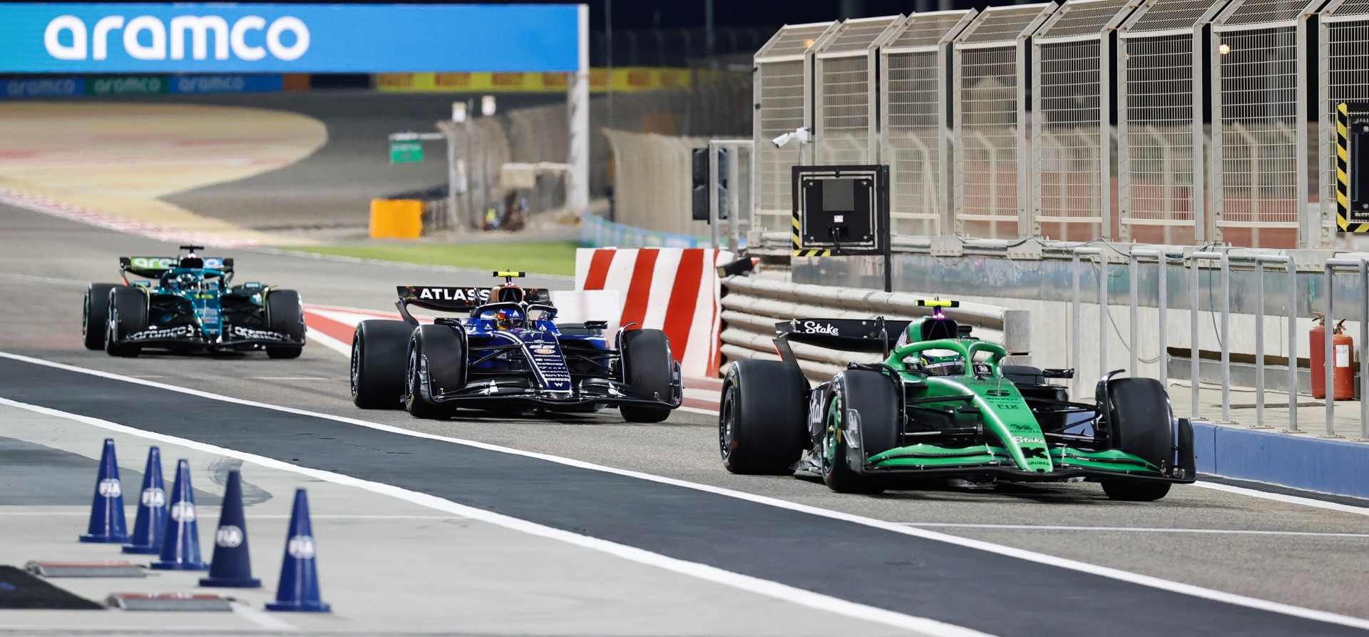 Sauber leading Williams and Aston Martin into the pits in 2025 F1 pre-season testing
