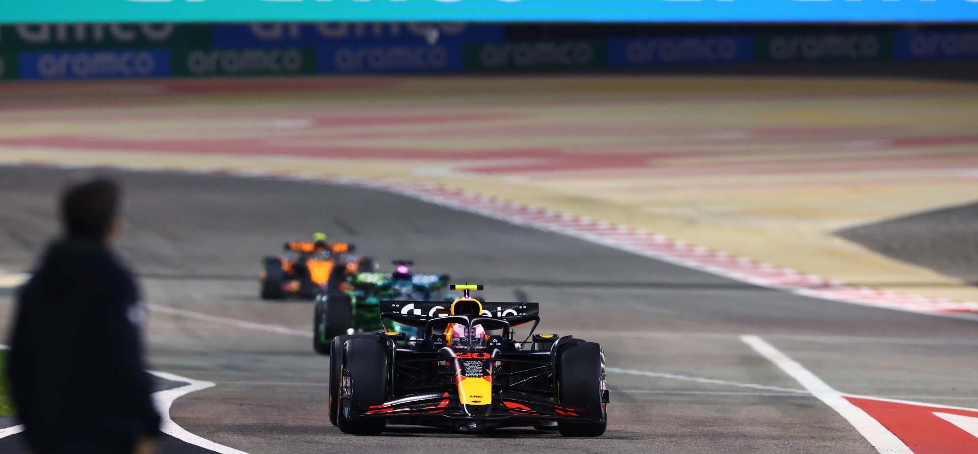 Red Bull leading Aston Martin and McLaren into the pits in Bahrain F1 pre-season testing