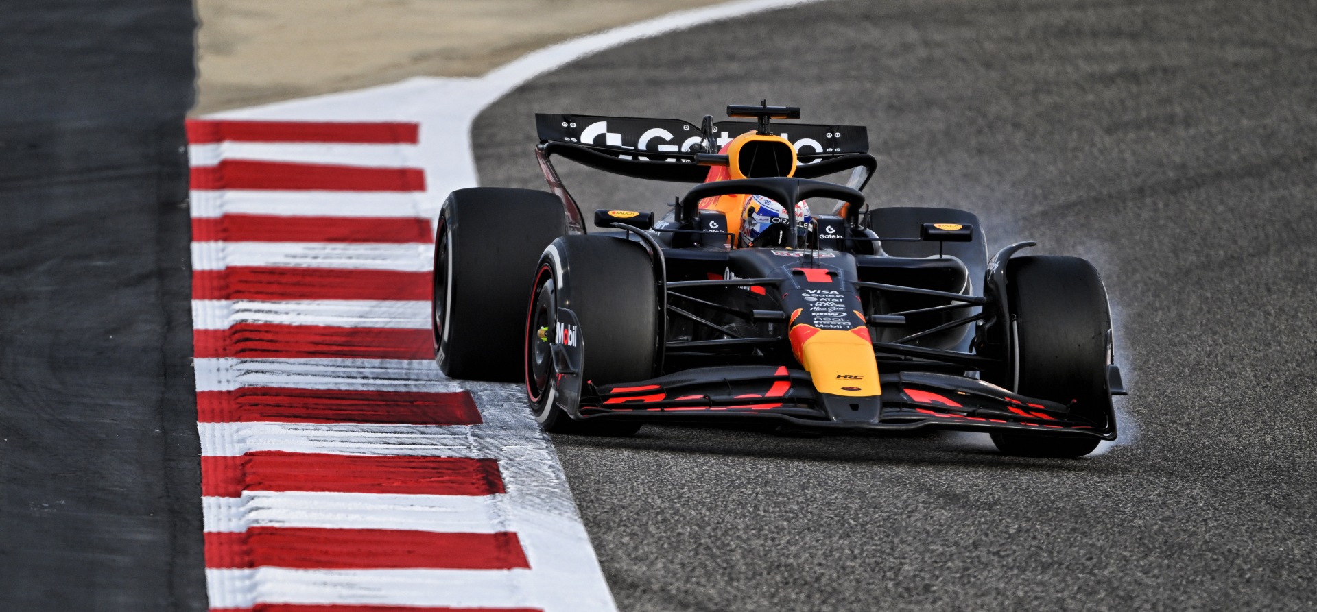 Max Verstappen locking up tyres with smoke on the left-hand side during Bahrain F1 pre-season testing