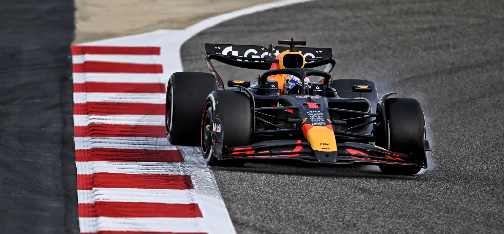 Max Verstappen locking up tyres with smoke on the left-hand side during Bahrain F1 pre-season testing