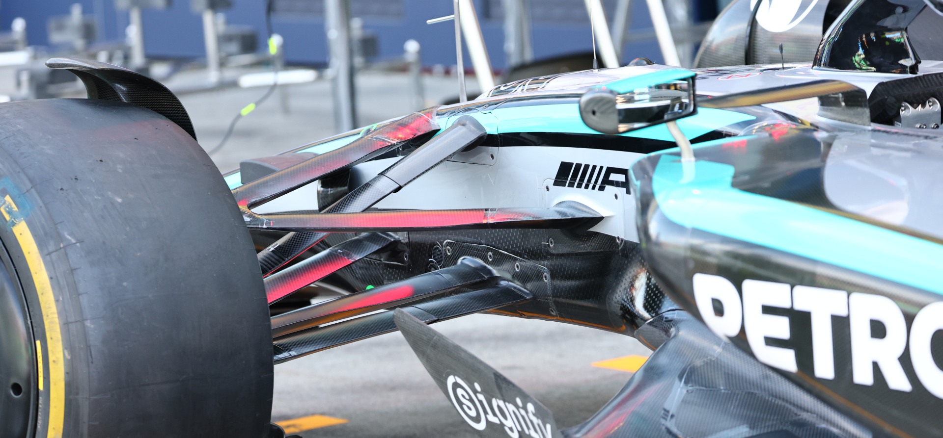 Closeup of 2025 Mercedes F1 suspension fairings