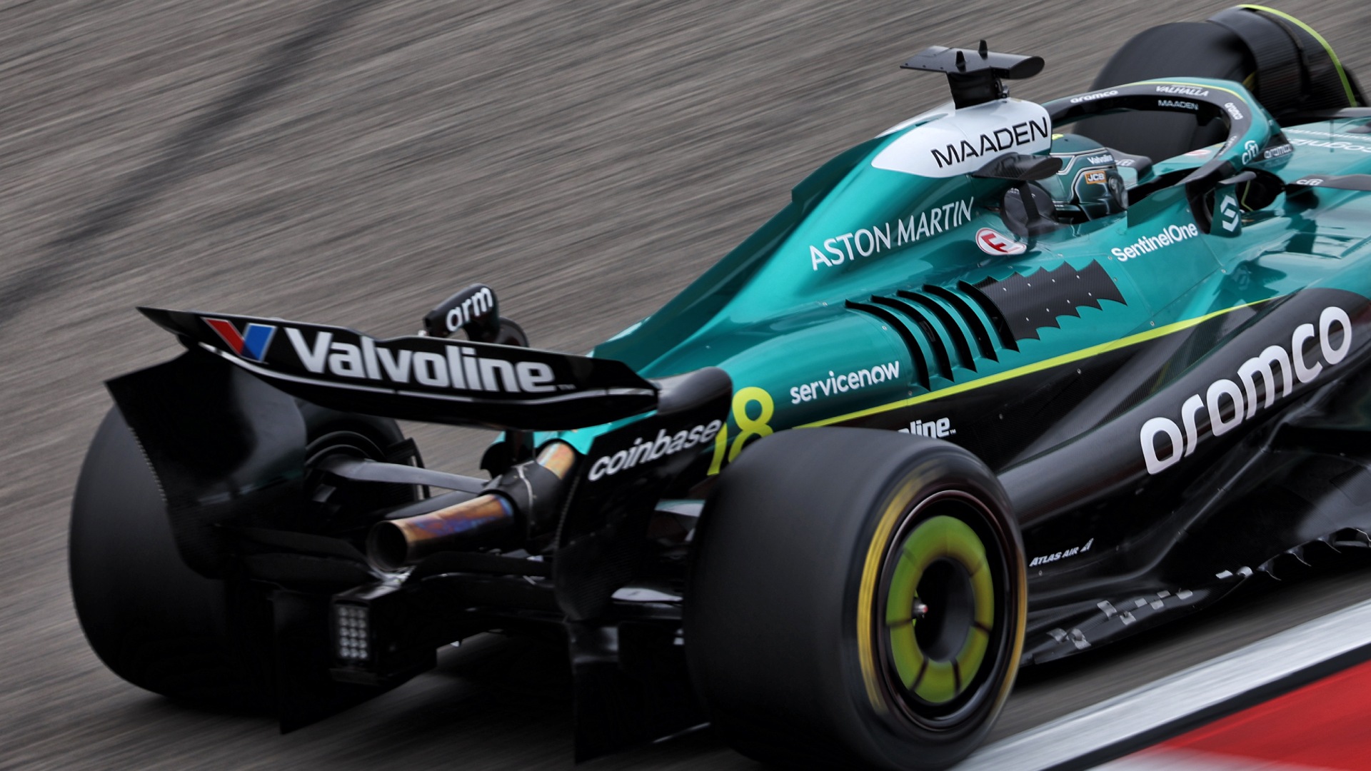 Aston Martin Aramco AMR25 F1 car with valvoline logo on rear wing