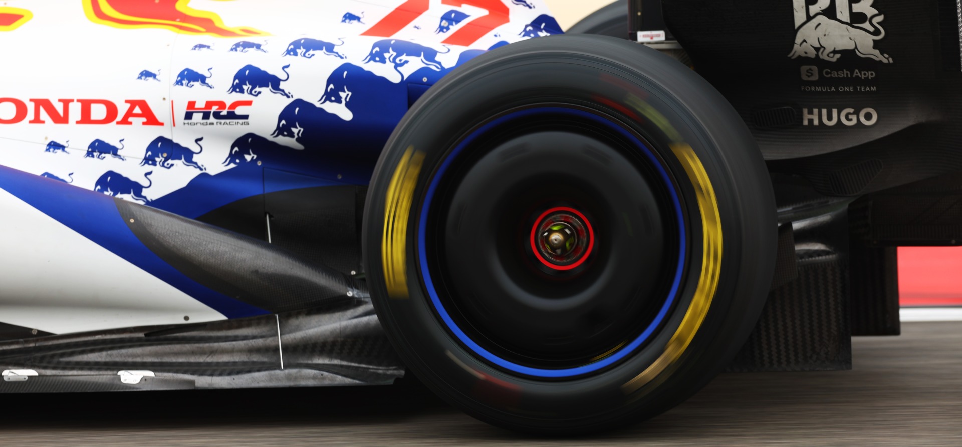 Close-up of a rear tyre of an F1 car