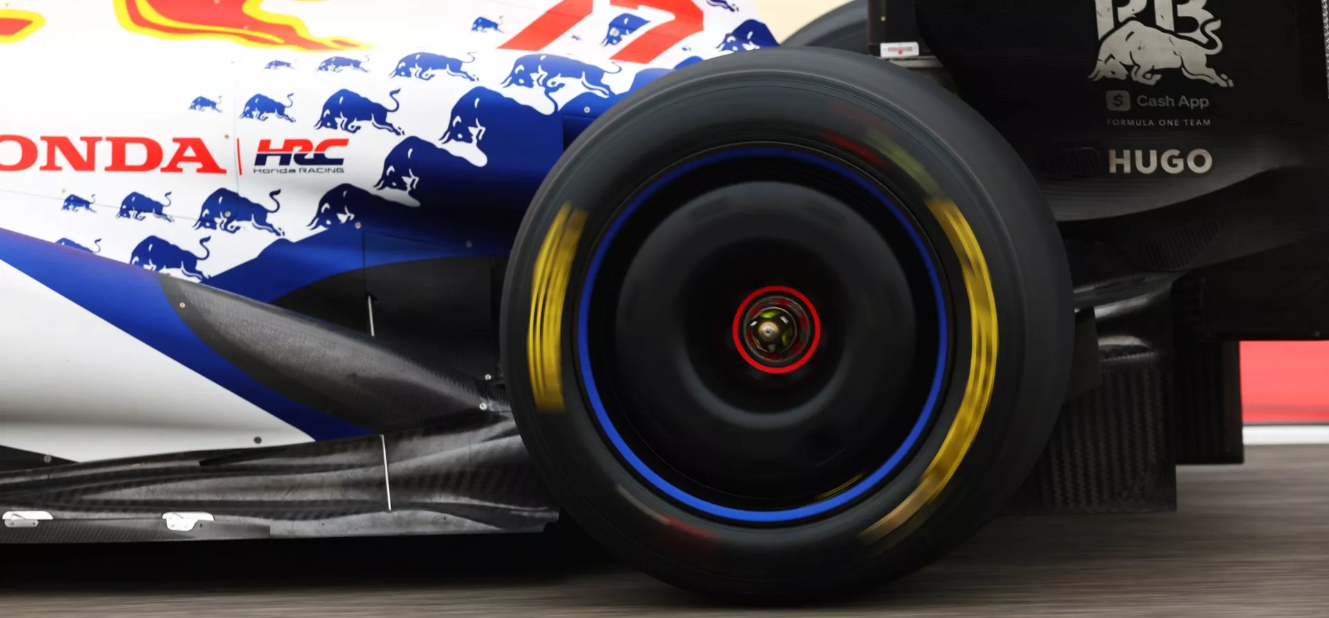 Close-up of a rear tyre of an F1 car