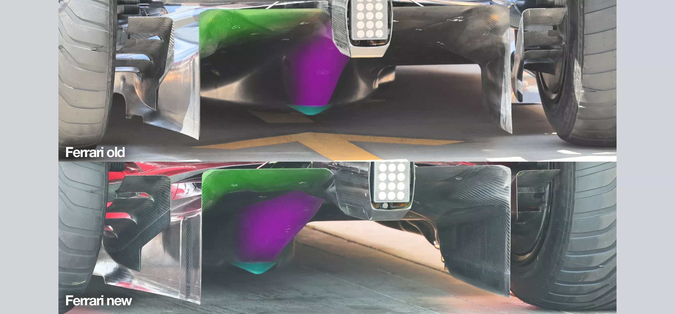 Highlighted Comparison showing changes to the body of the Red Bull RB20 in Hungary