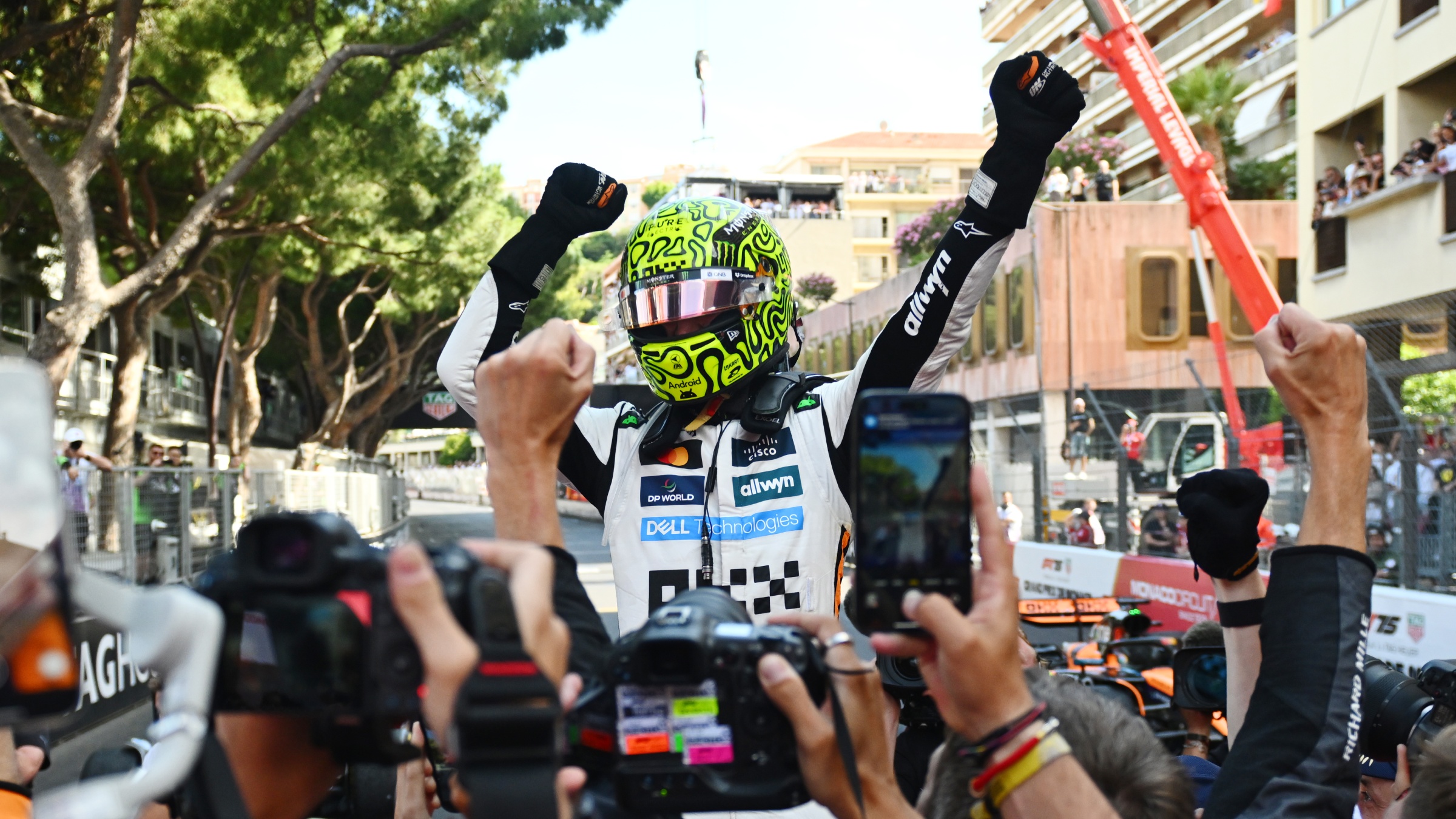 Lando Norris celebrates his 2025 Monaco Grand Prix victory