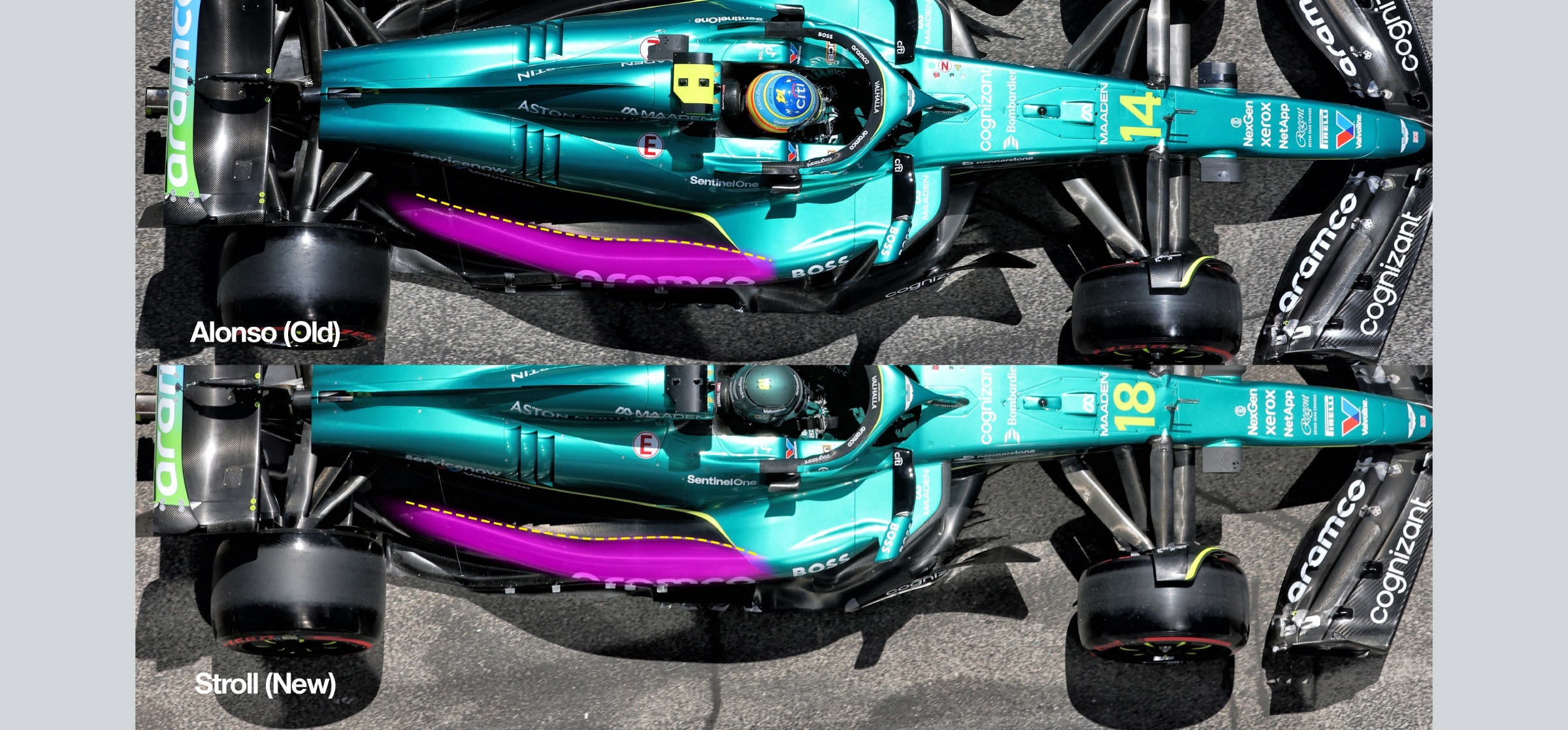 Aston Martin F1 car top view comparison Imola 2025