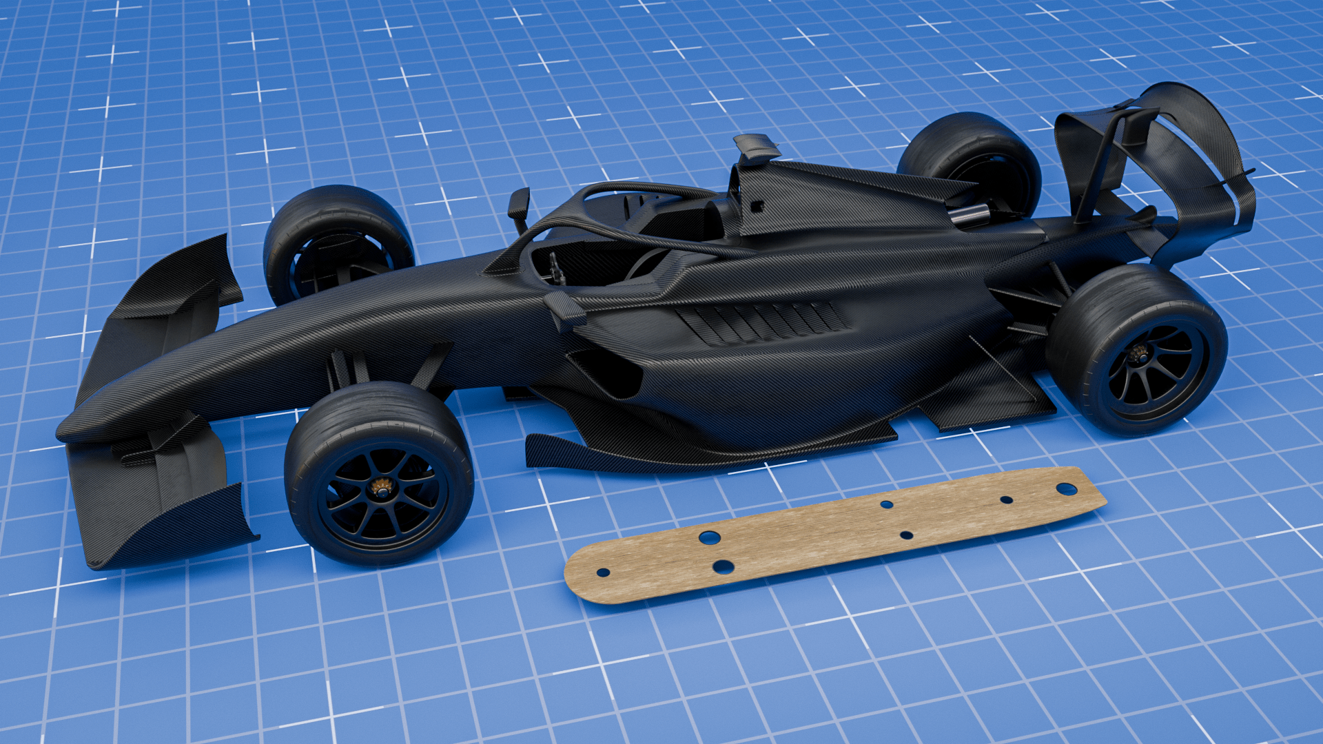 3D render of F1 car next to plank