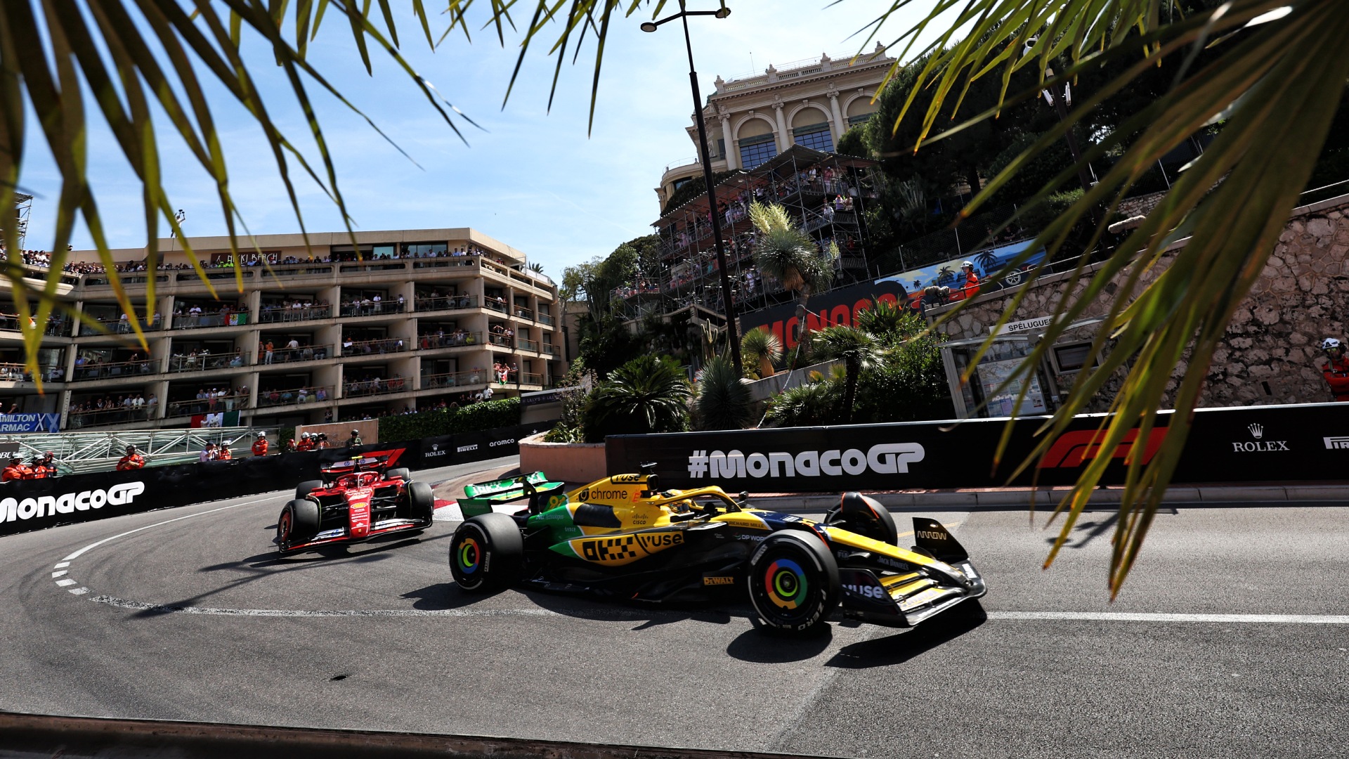 2024 Monaco F1 race start, McLaren leading Ferrari