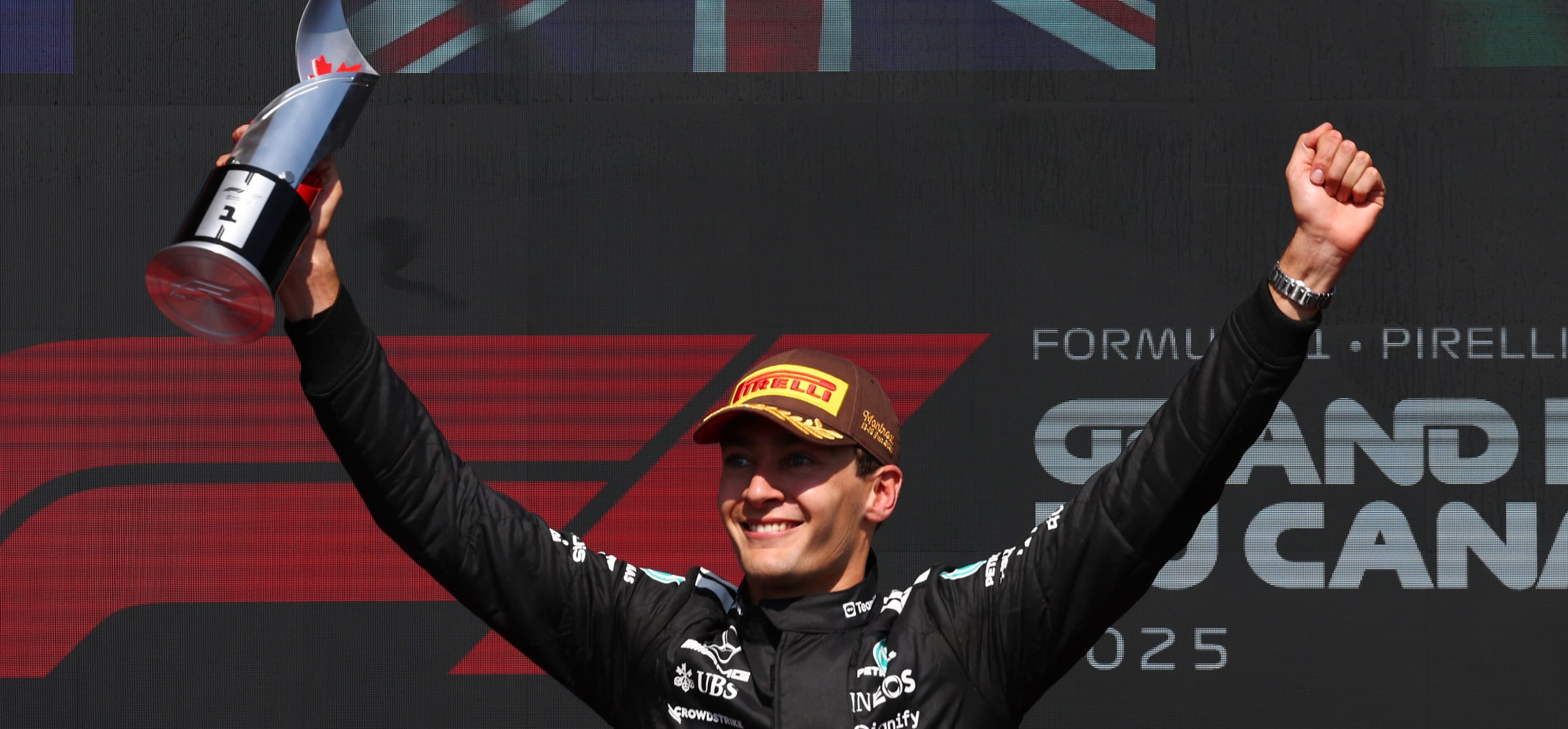George Russell celebrates his 2025 Canadian Grand Prix win
