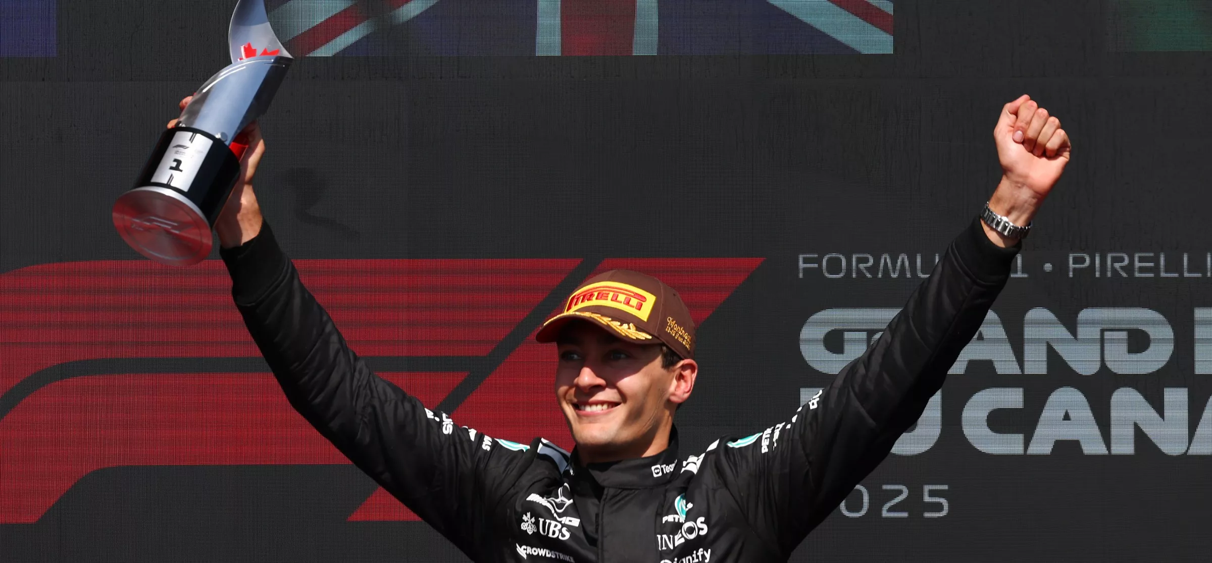 George Russell celebrates his 2025 Canadian Grand Prix win