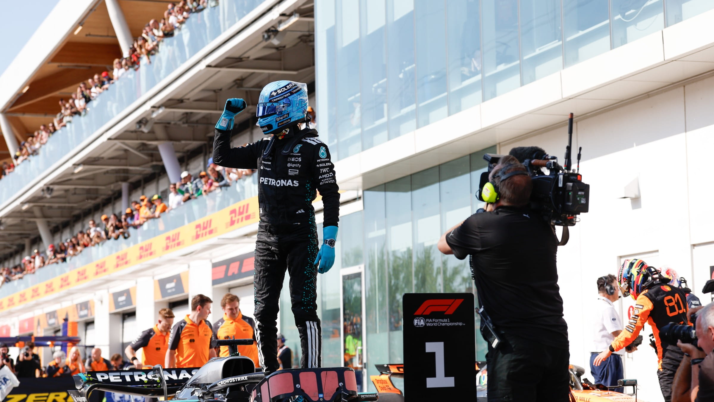 George Russell celebrates his 2025 Canadian F1 Grand Prix win