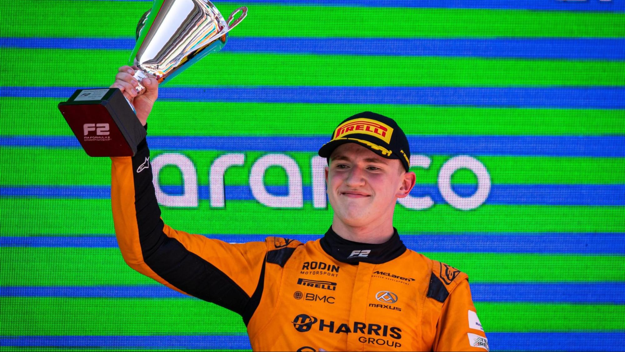 Alex Dunne celebrates Spain podium F2