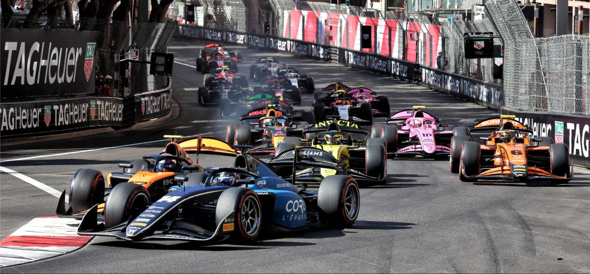 start of F2 Monaco race, Alex Dunne crashes into Victor Martins