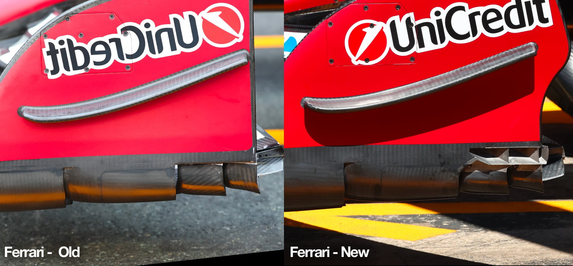 closeup comparison of F1 Ferrari front wing