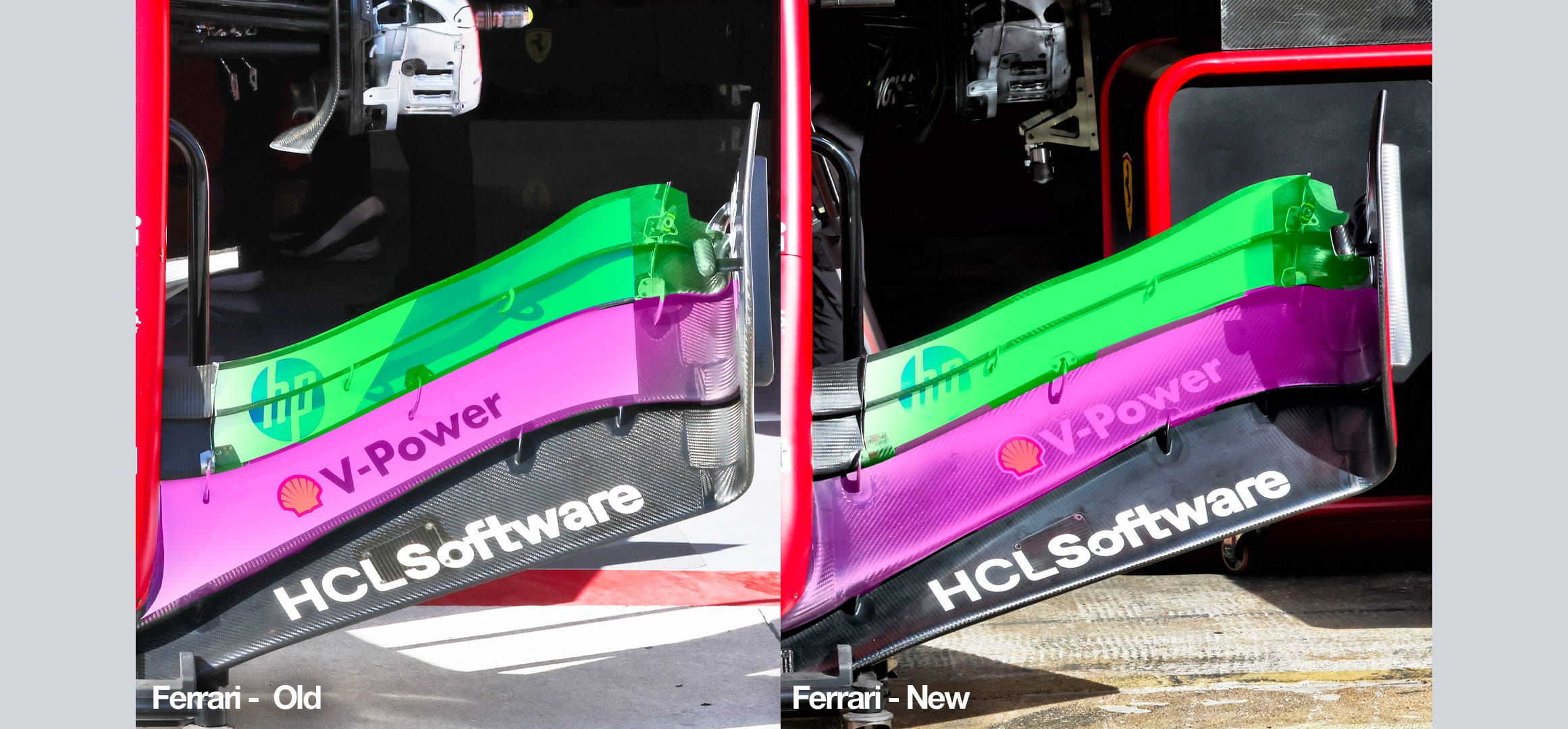 closeup comparison of F1 Ferrari front wing