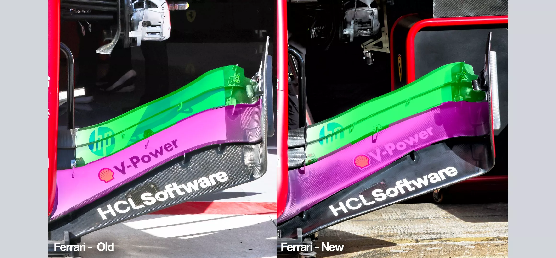 closeup comparison of F1 Ferrari front wing