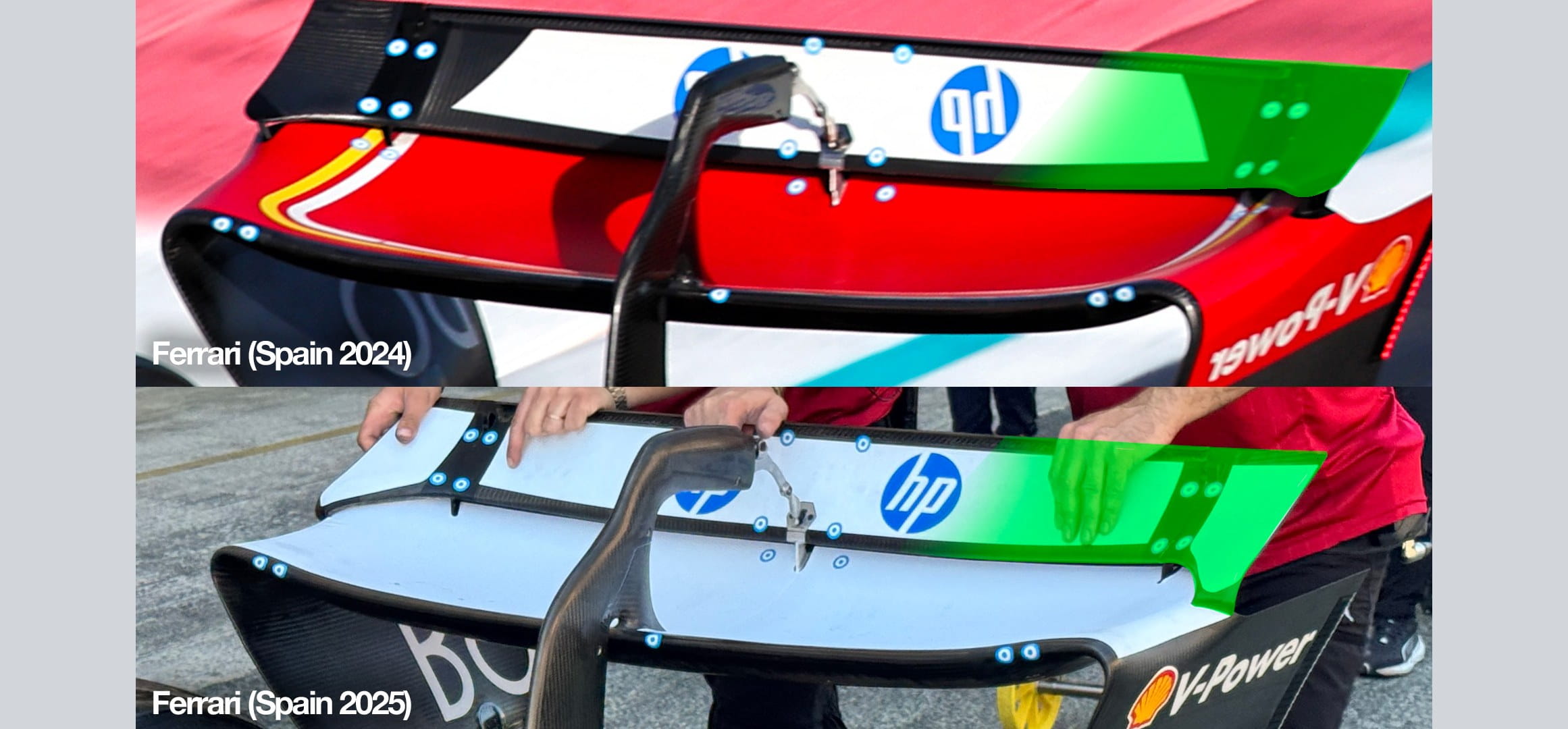 closeup comparison of F1 Ferrari rear wing