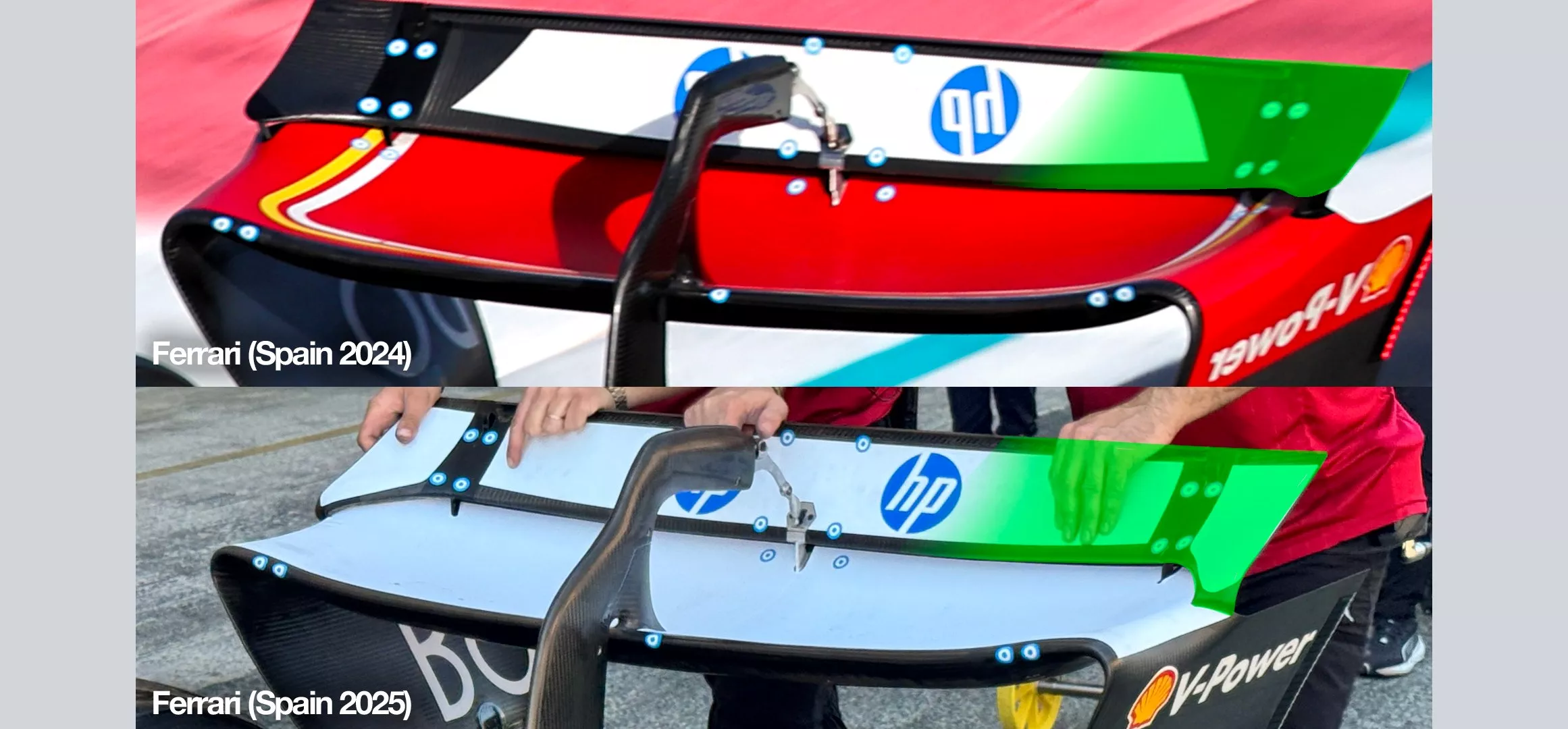 closeup comparison of F1 Ferrari rear wing