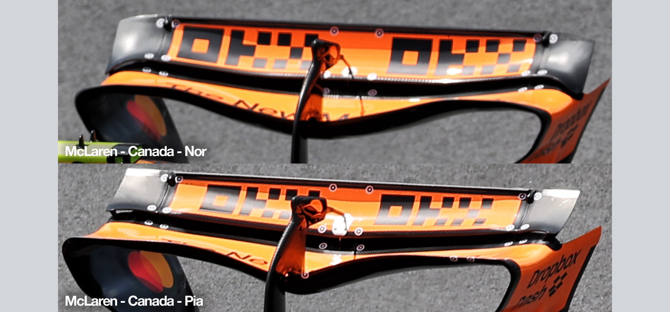 Comparison of McLaren rear wing 2025 Canada GP