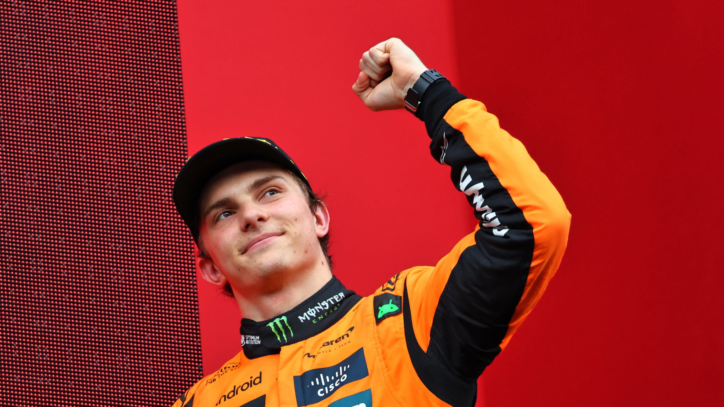 Oscar Piastri celebrates his 2025 Belgian grand Prix win
