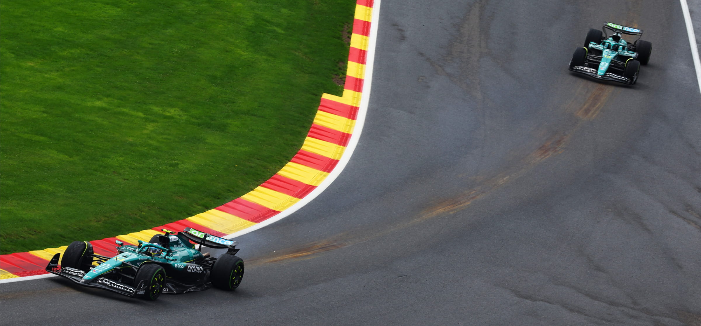 two Aston Martins at the 2025 Belgian Grand Prix
