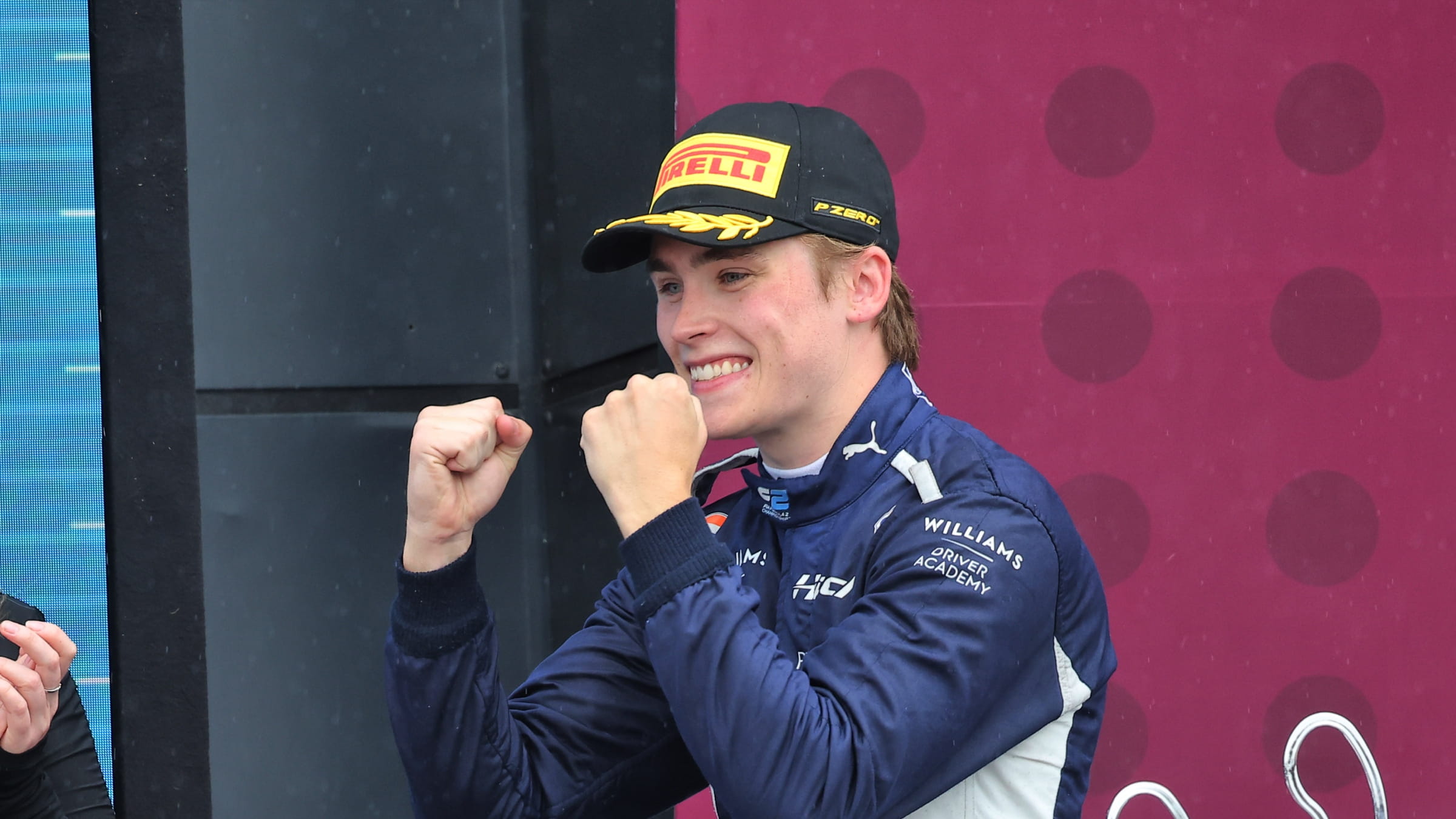Luke Browning, F2 driver, celebrating at Silverstone