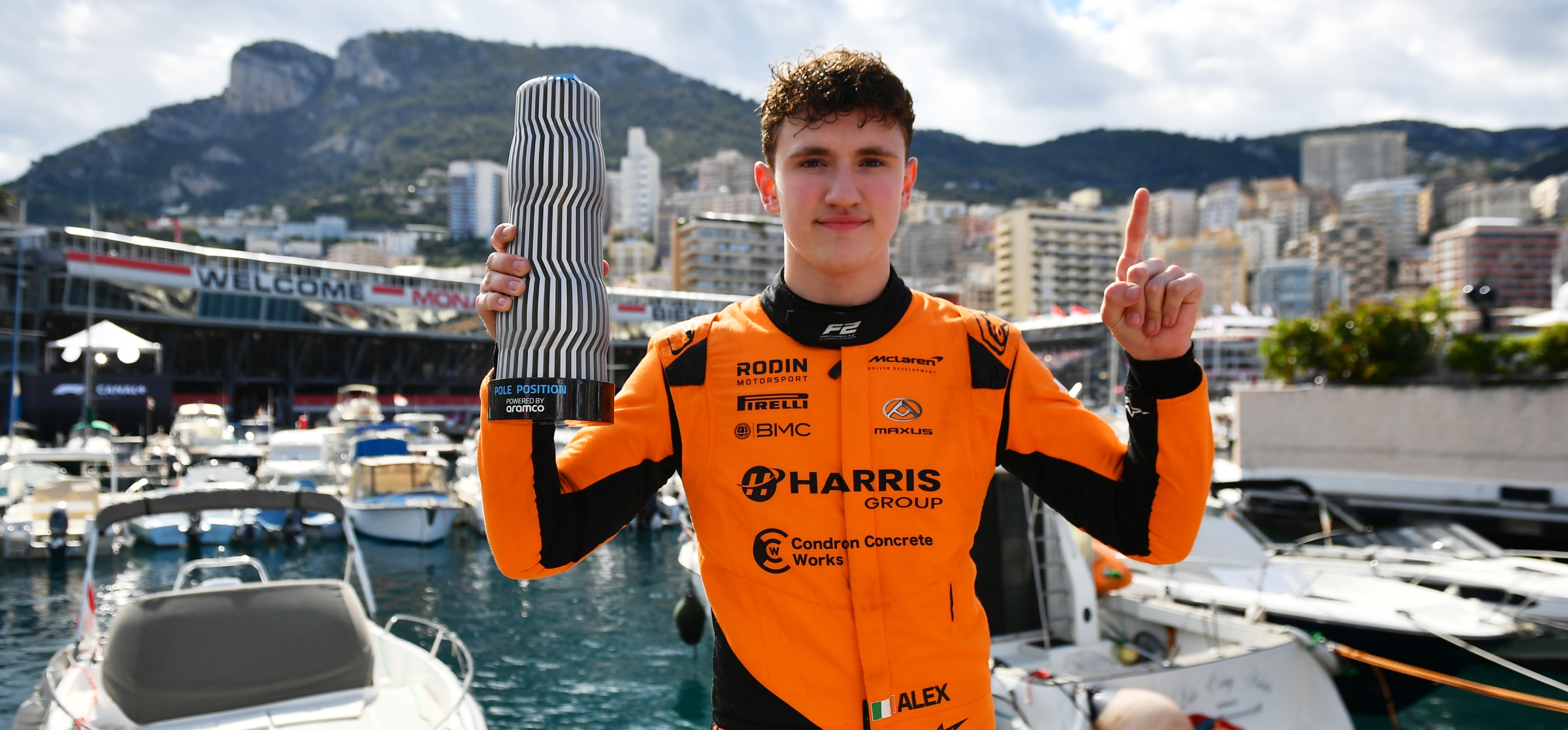 Alex Dunne with an Aramco Pole Position Award at Monaco