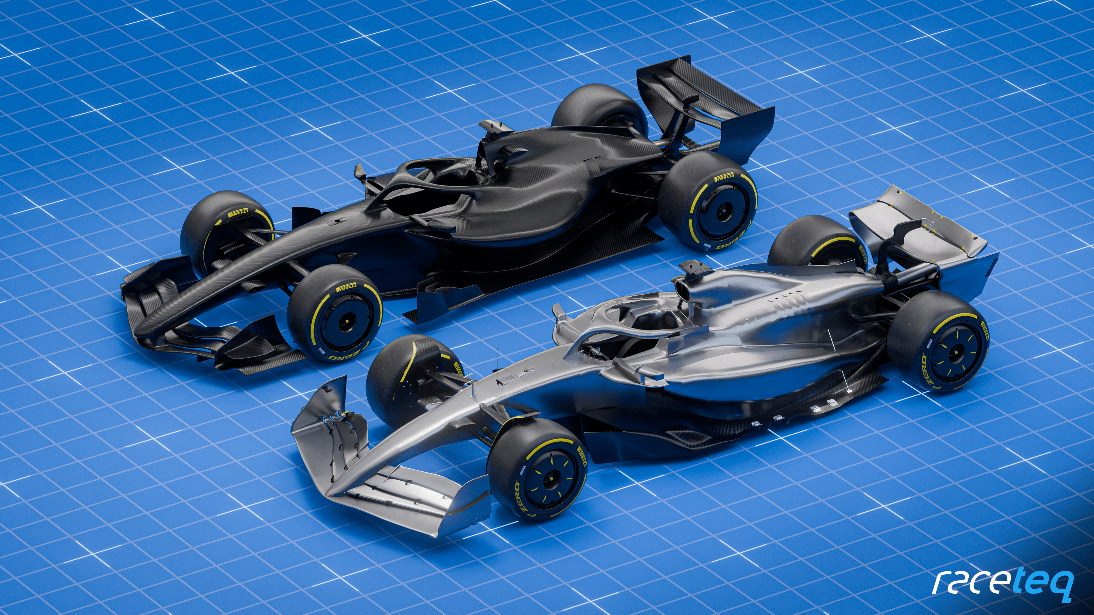 render of 2026 F1 car next to 2025 F1 car