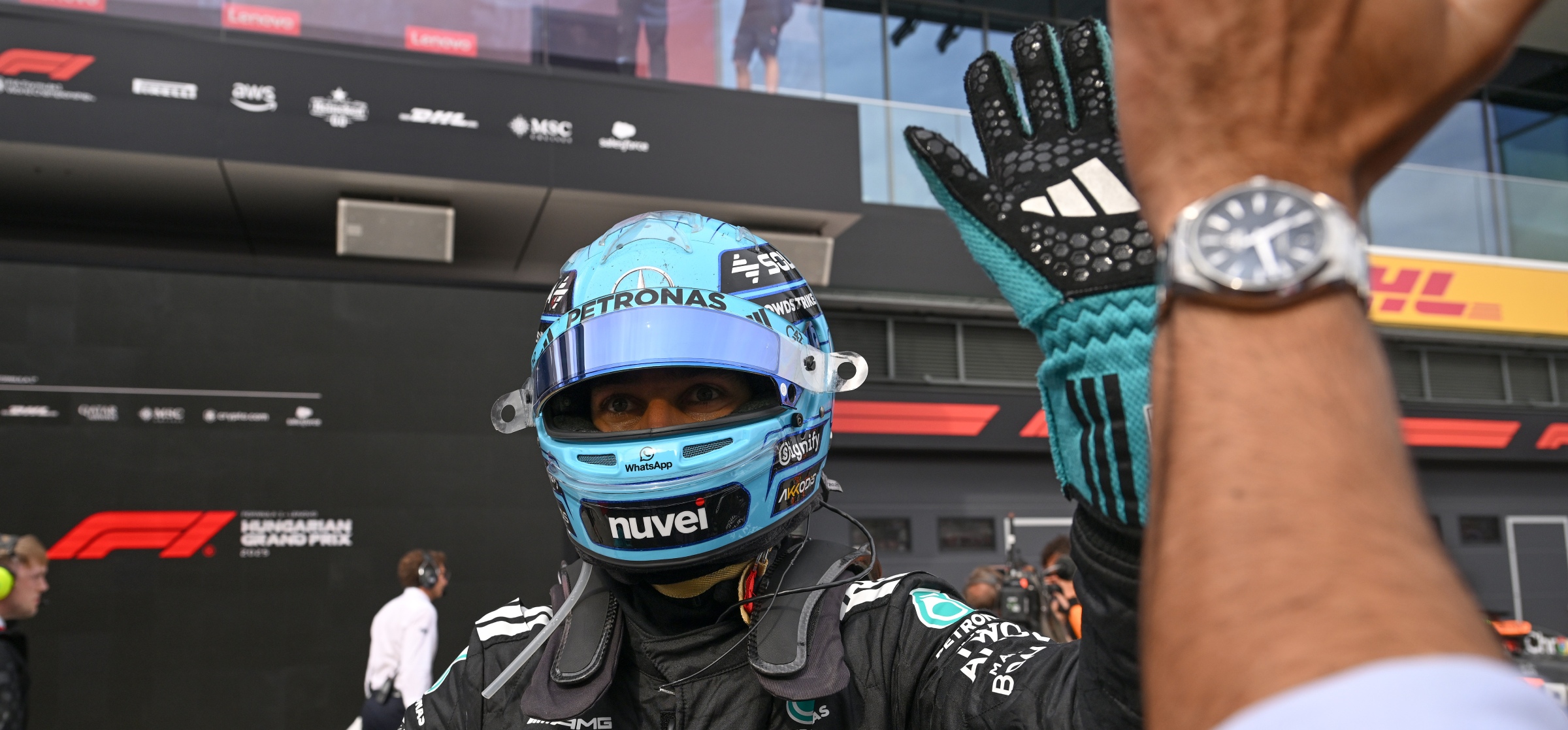 George Russell celebrates his podium at the 2025 Hungarian Grand Prix