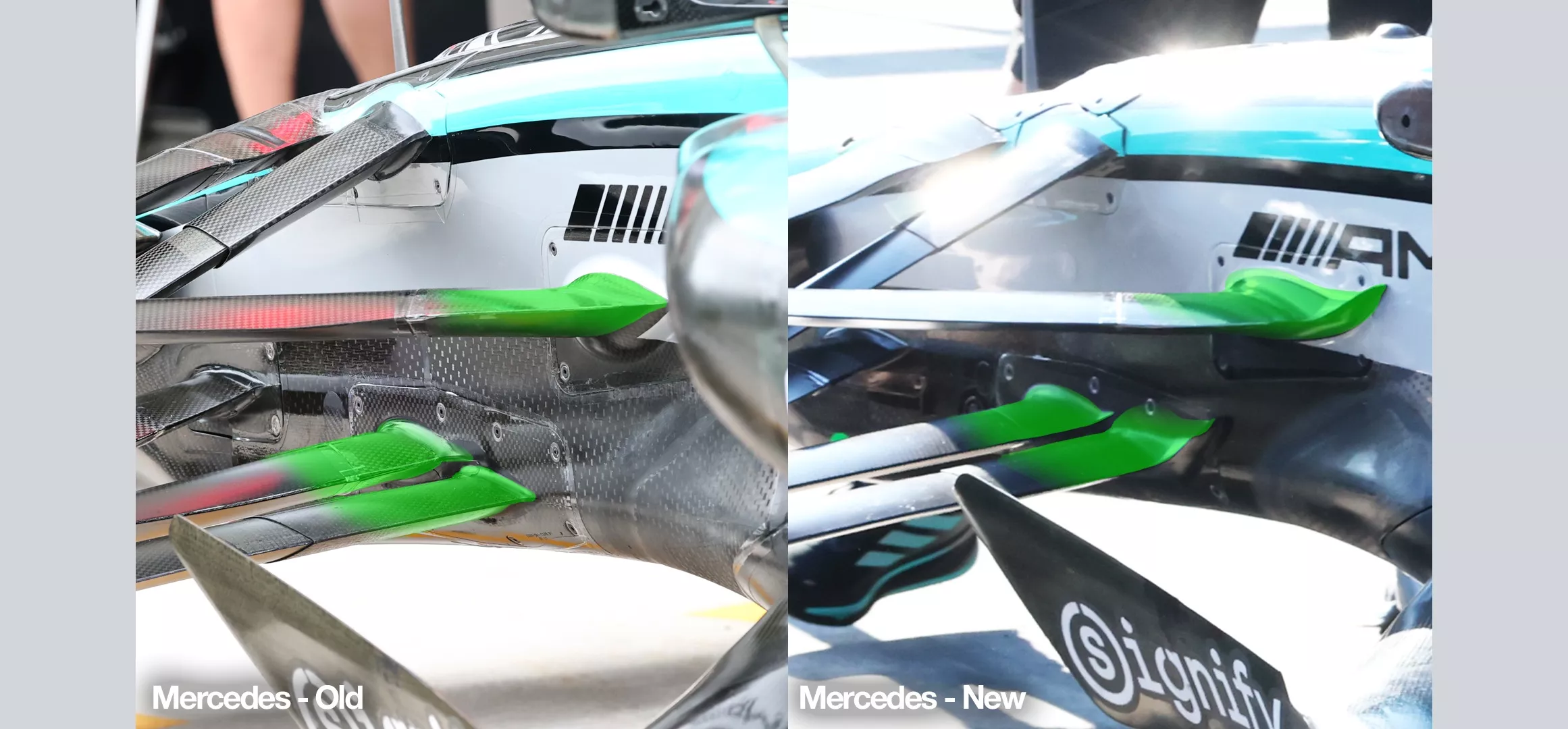 Mercedes F1 suspension upgrade comparison 2025