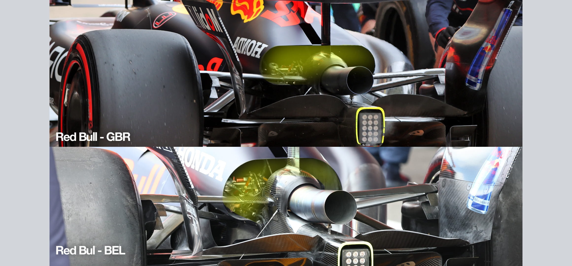 Comparison of Red Bull engine cover exit in 2025