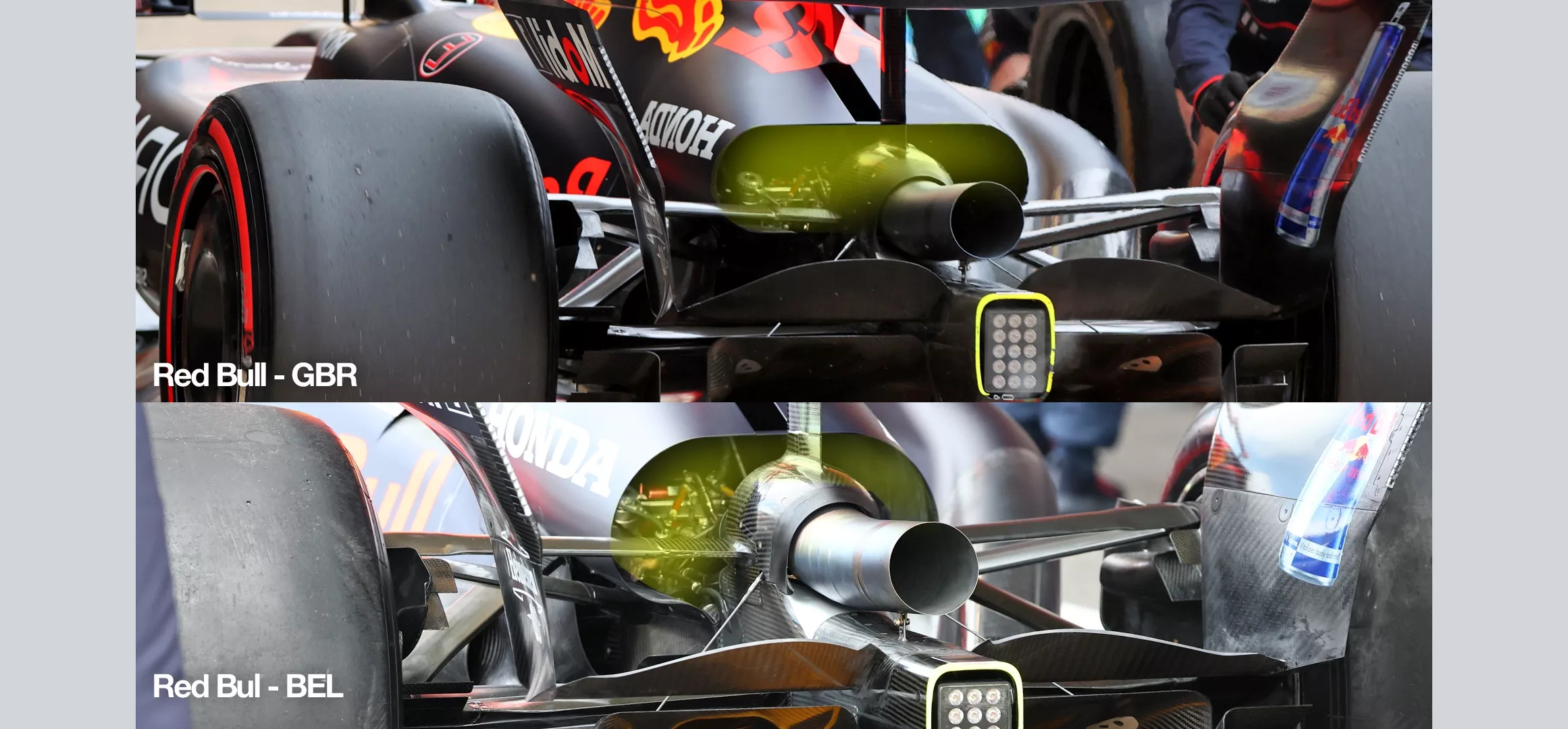 Comparison of Red Bull engine cover exit in 2025
