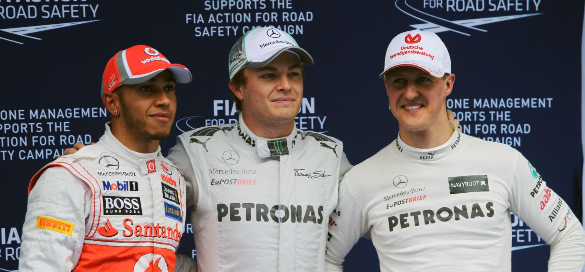 Lewis Hamilton, Nico Rosberg, and Michael Schumacher