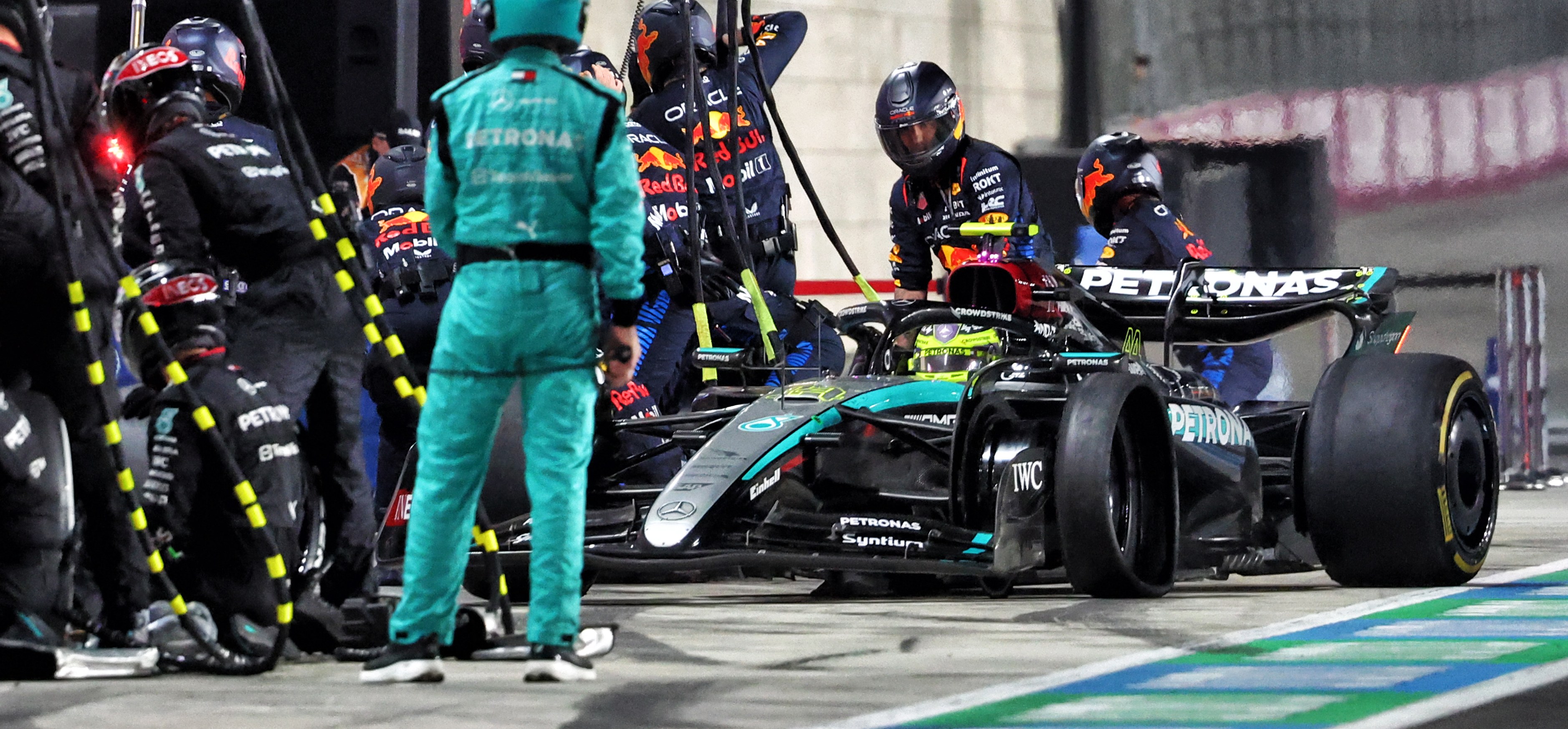 Mercedes F1 car entering pitbox in 2025