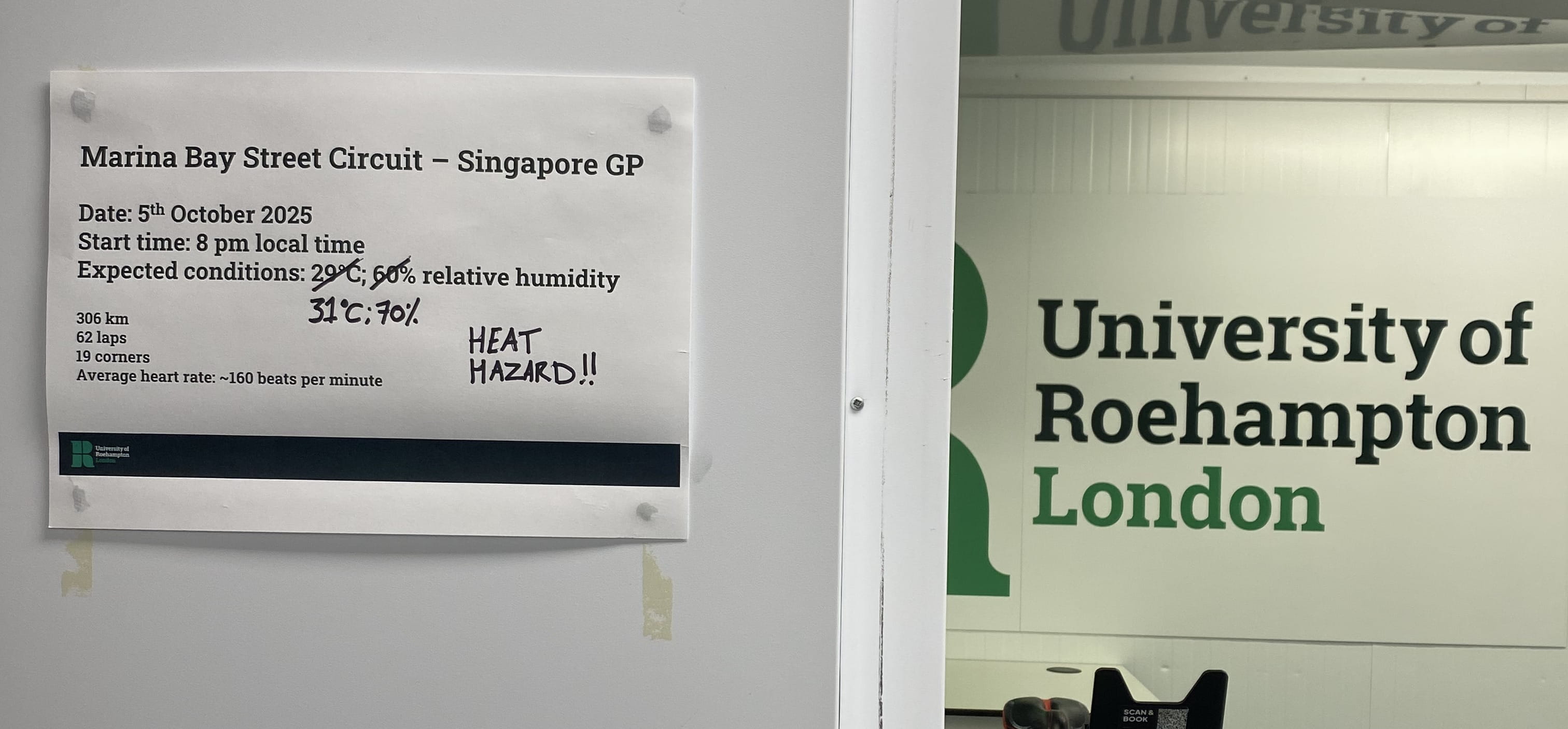 University of Roehampton heat chamber set to 2025 Singapore GP temperature