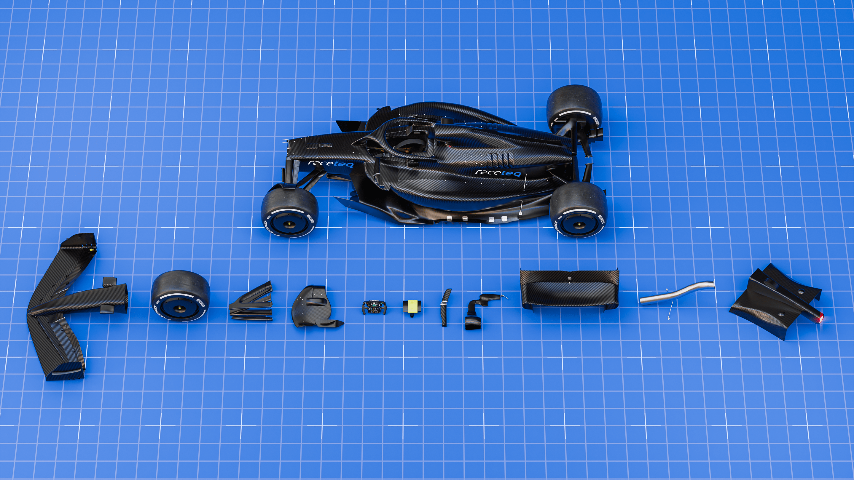 F1 car with parts next to it