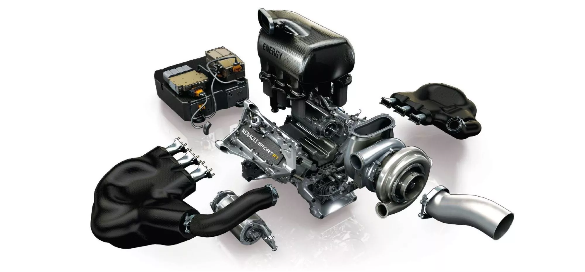 Disassembled Renault F1 engine showing turbo charger and other components