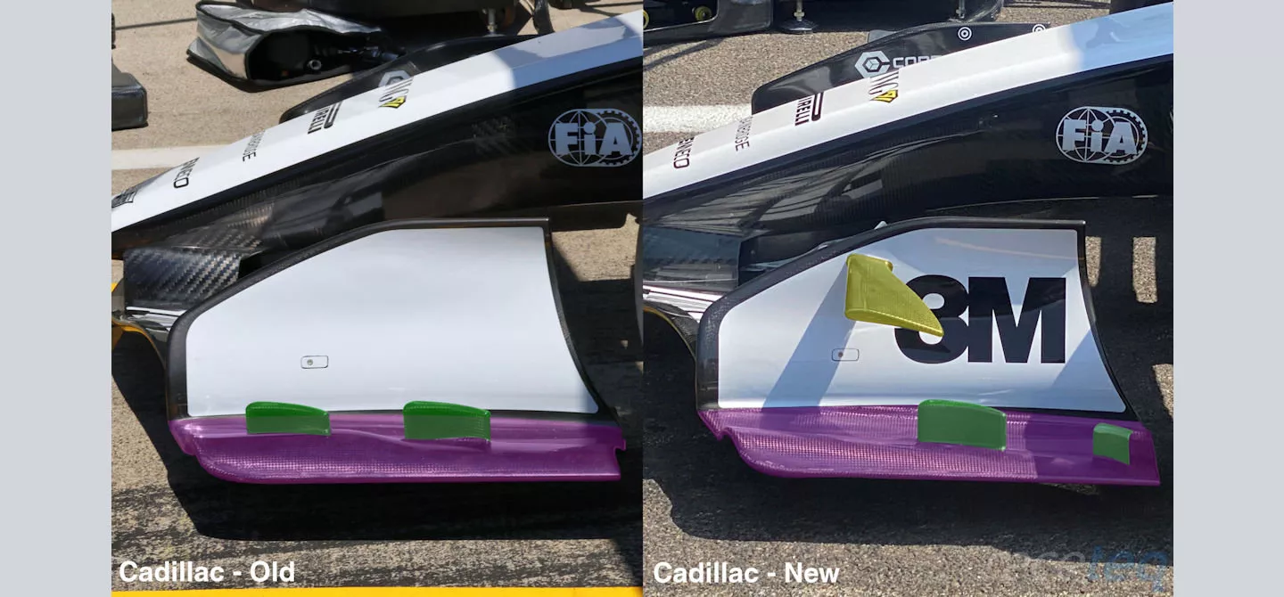 A comparison showing the difference in detail between the new Cadillac front wing (right) and the one used up until the Belgian Grand Prix (left)