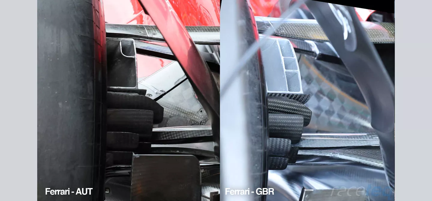 A comparison of the rear brake duct outlet and supplementary winglets beneath on the Ferrari SF-26