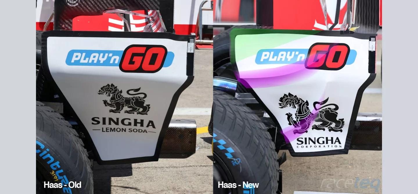 Comparing the new and old rear wing endplate design on the Haas VF-26