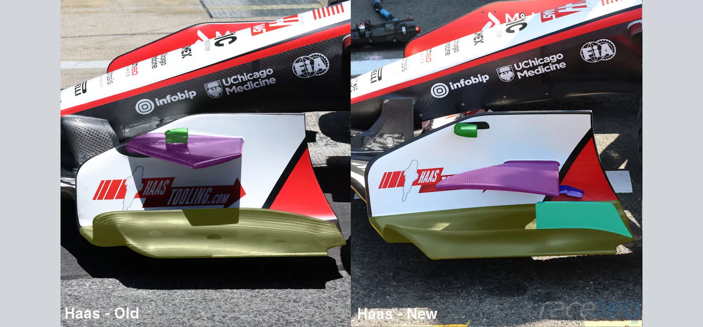 A comparison of the new front wing footplate, diveplane and vane arrangement used on the Haas VF-26 in Belgium (right), with its previous design (left)