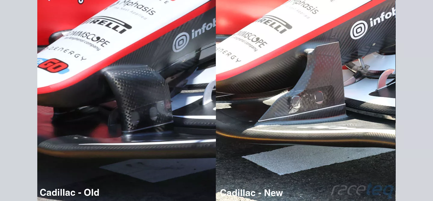 A comparison of the new front wing pillar arrangement that Haas introduced in Belgium (right) and its previous specification (left)