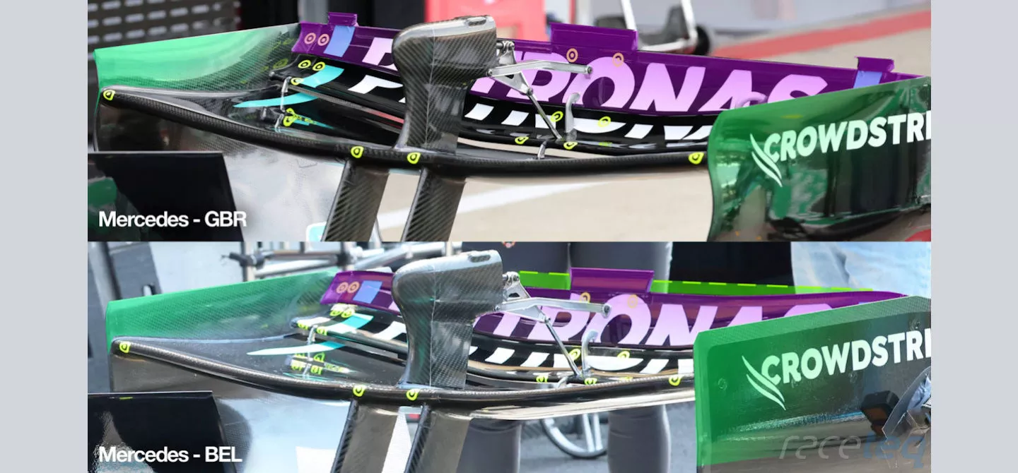 A comparison of the two rear wing specifications that Mercedes had at its disposal in Belgium