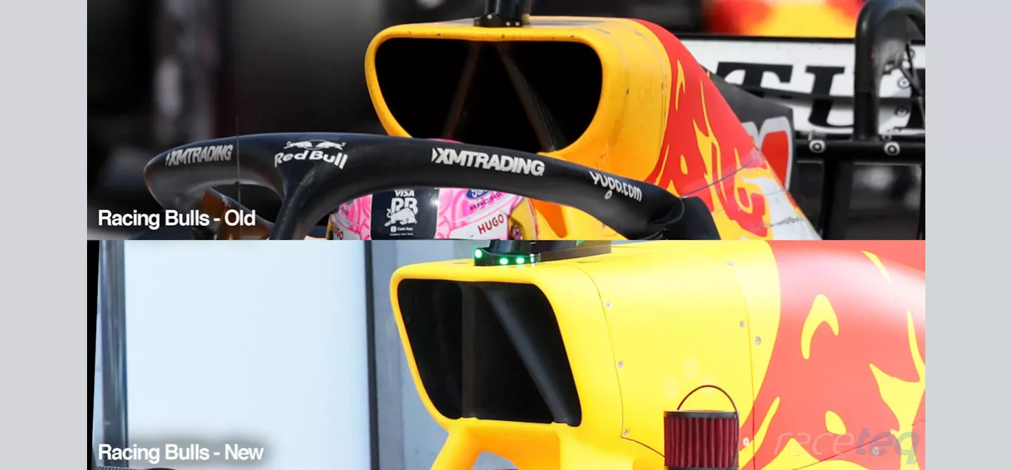 Comparison of the two different airbox and roll hoop designs seen on the Racing Bulls VCARB03 in Belgium