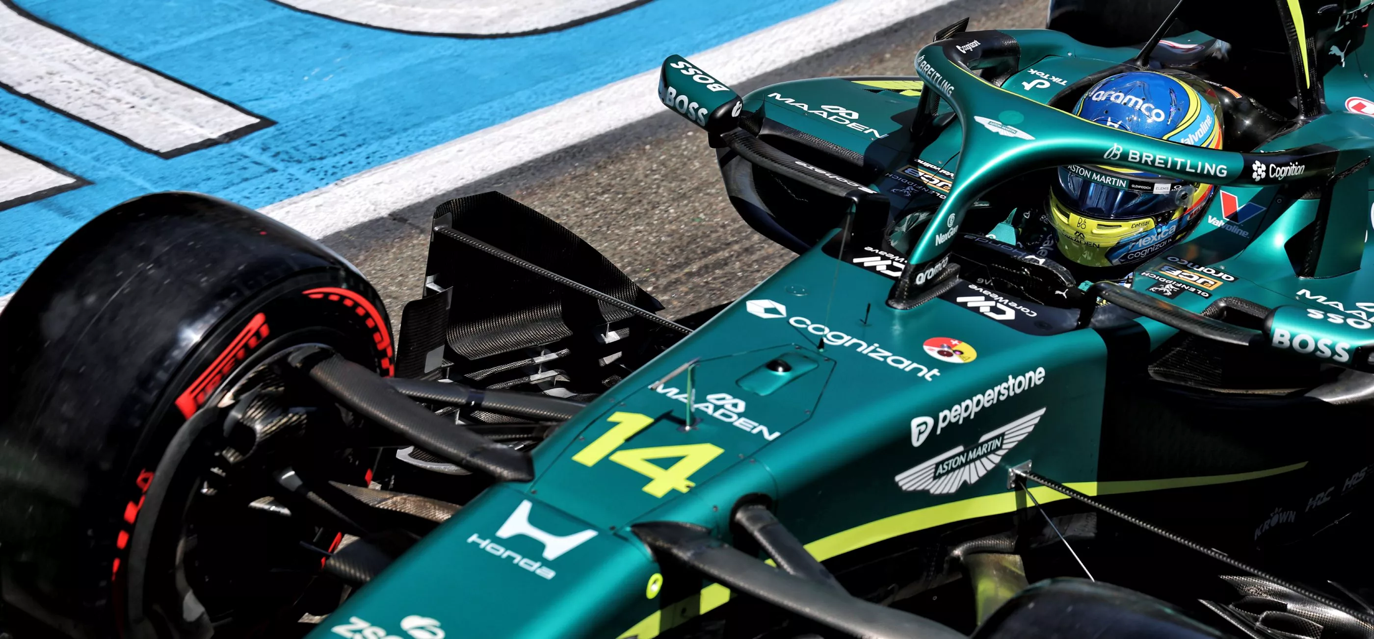 The Aston Martin Aramco Formula 1 Team AMR26 with Fernando Alonso at the wheel.