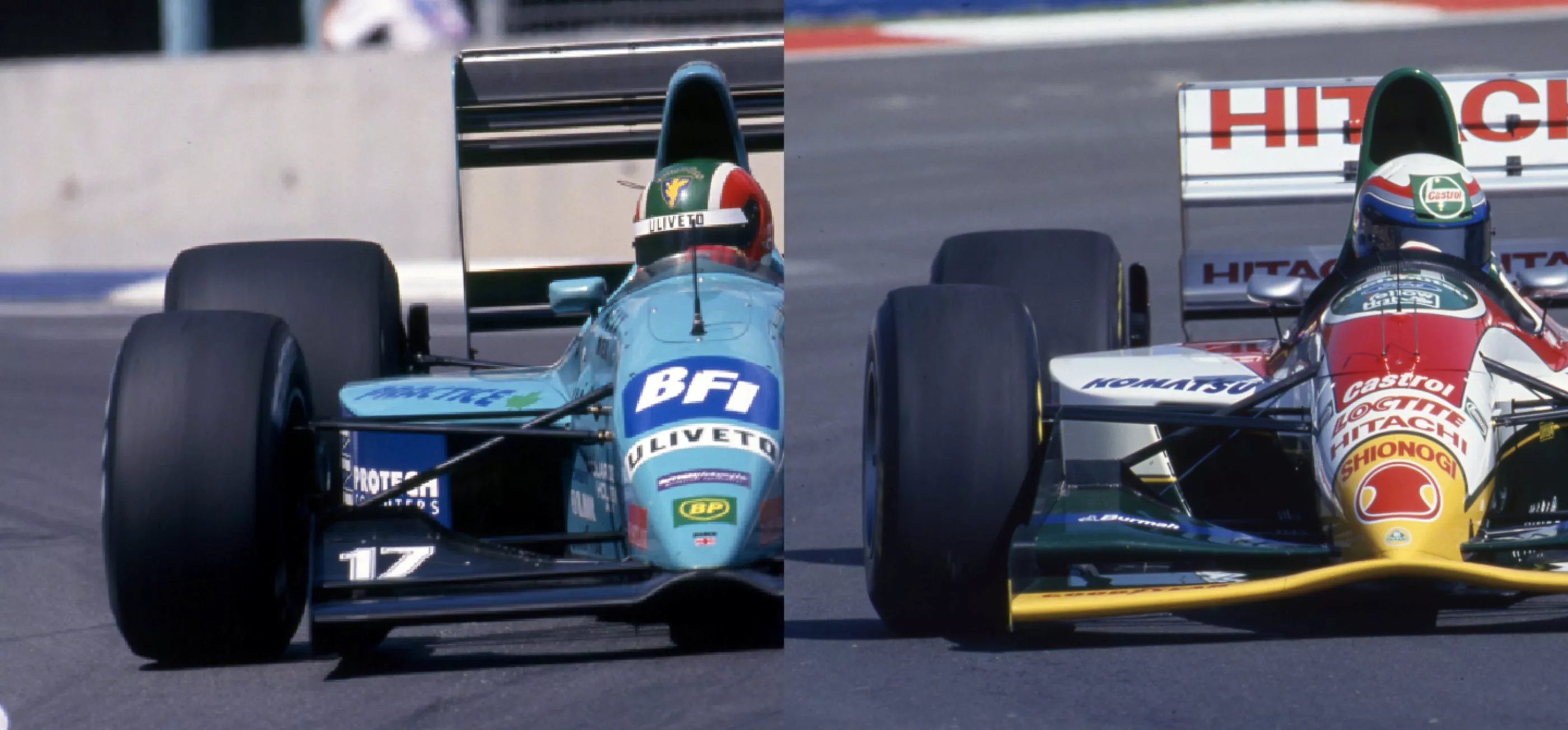 Tyres were narrowed in 1993 (R, Lotus 107B) from 1992 (L, March CG911B), to reduce grip, cornering speeds, and increase safety