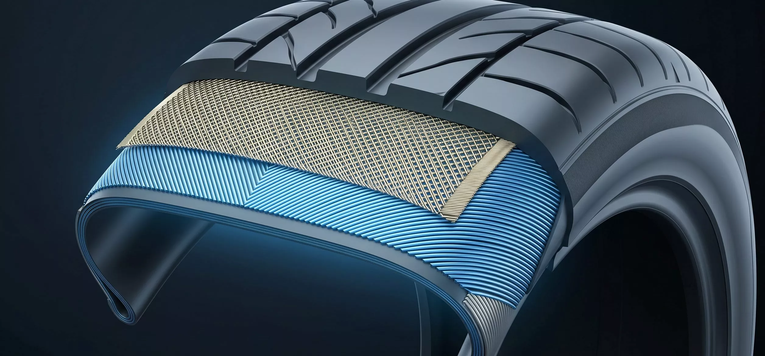 A render showing a radial tyre, with the middle layer - a belt made of steel or Kevlar - strengthening the tyre