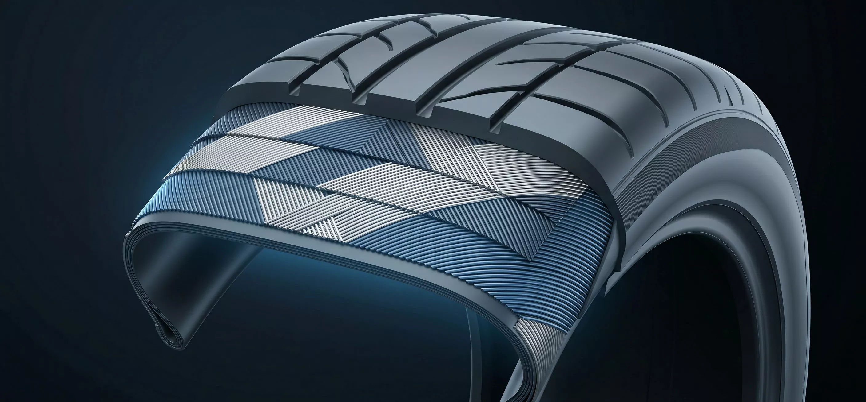 A render showing a cross-ply tyre where plies of material run diagonally across the tyre